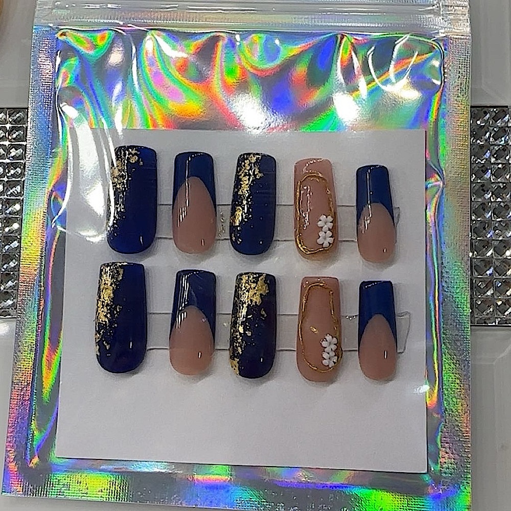 Navy and Nude Press-On Nails with Gold Accents